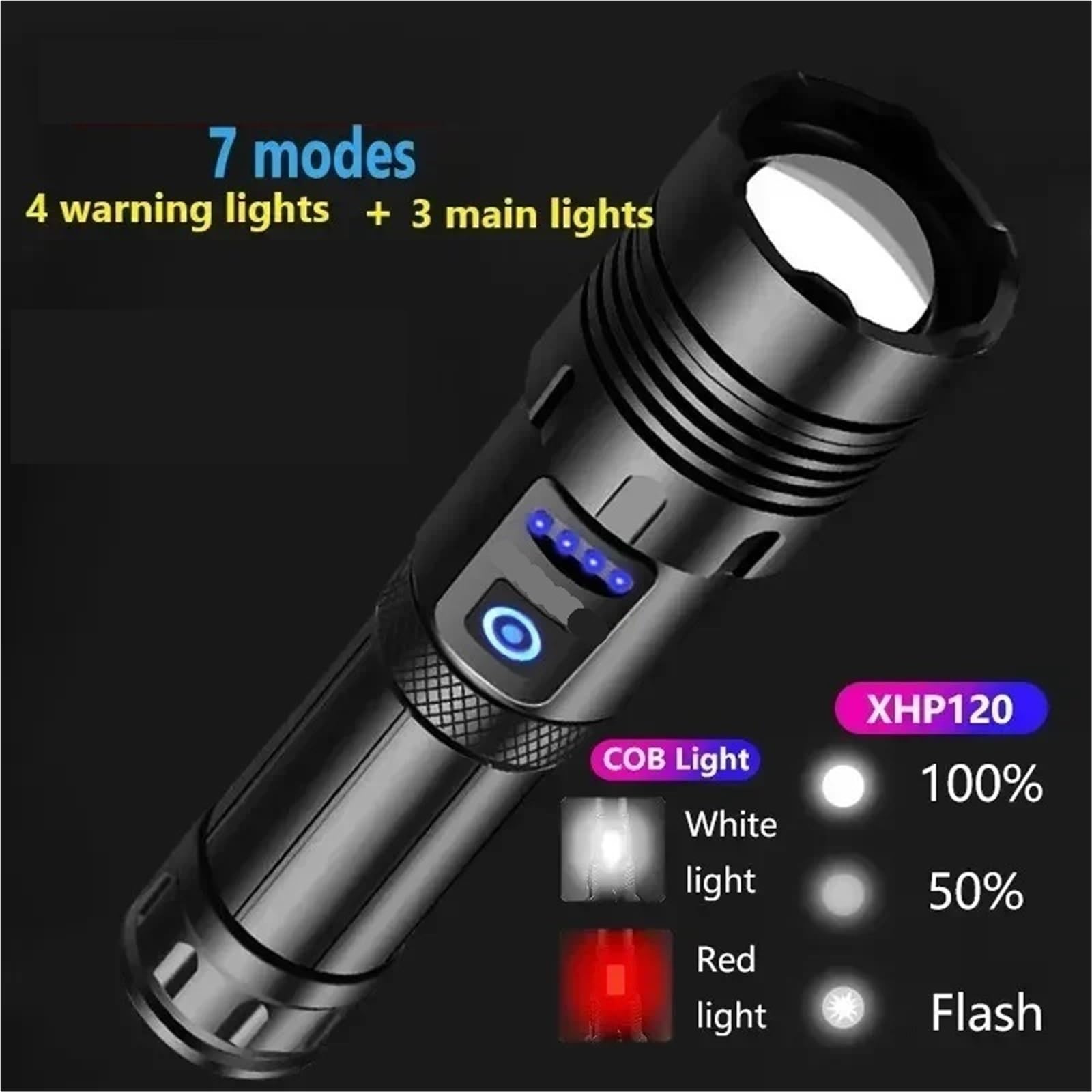 Torcia LED Torcia a LED con luci laterali, torcia ad alta potenza, lampada da campeggio tattica ricaricabile tramite USB,campeggio