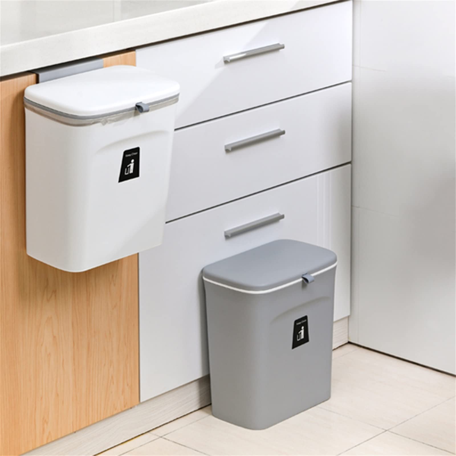Basurero de cocina NIGORIY, basurero de pared de 9 l con tapa, capacidad de carga de 5 kg, papelera para colgar, basurero orgánico de cocina con raspador de limpieza (gris)
