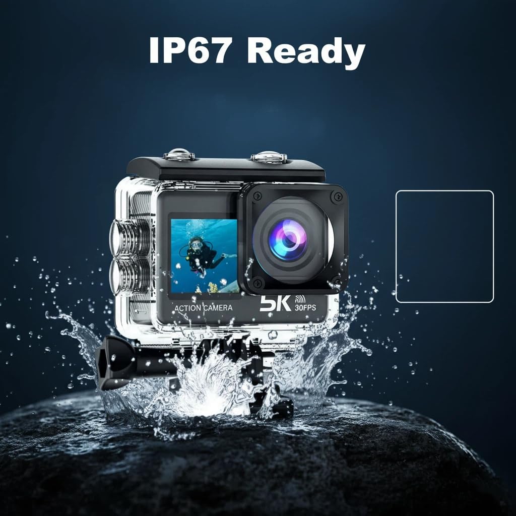 5K 50MP wasserdichte Action-Kamera mit EIS, WiFi und 170° Weitwinkel – Unterwasser-Kamera für Schnorcheln, Tauchen und Vlogging, kompakt und wiederaufladbar