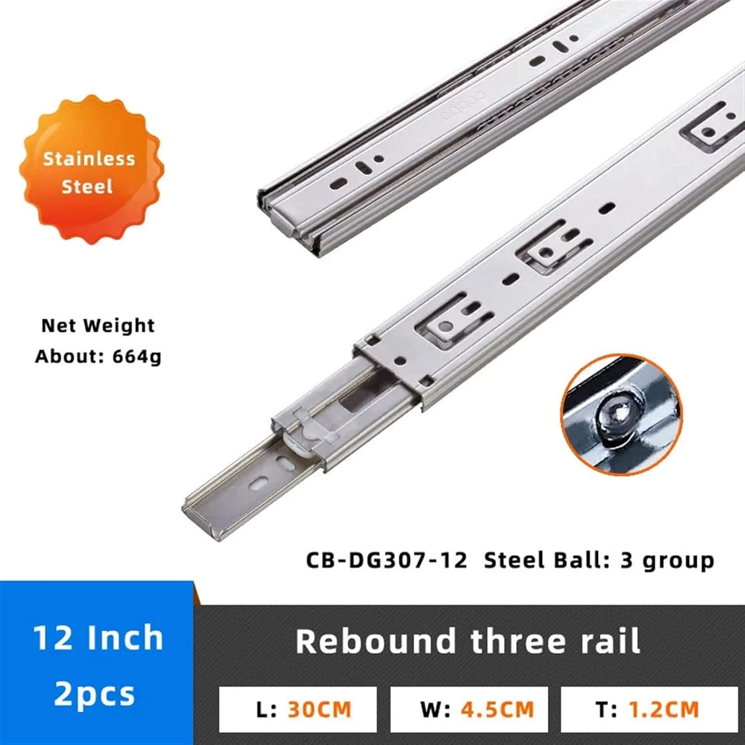 Heavy Duty Drawer Slides 3 Way Drawer Tracks Press Rebound Slide Rail Sliding Track Three Section Slides Cold Rolled Steel Or Stanless(DG307 12 Inch)