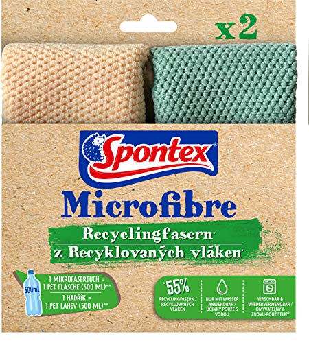 Spontex Microfibre Recyclingfasern, Mikrofasertücher mit 55% Recyclingfasern, hohe Saugfähigkeit, vielseitig einsetzbar, 30 x 30 cm, 2er Pack