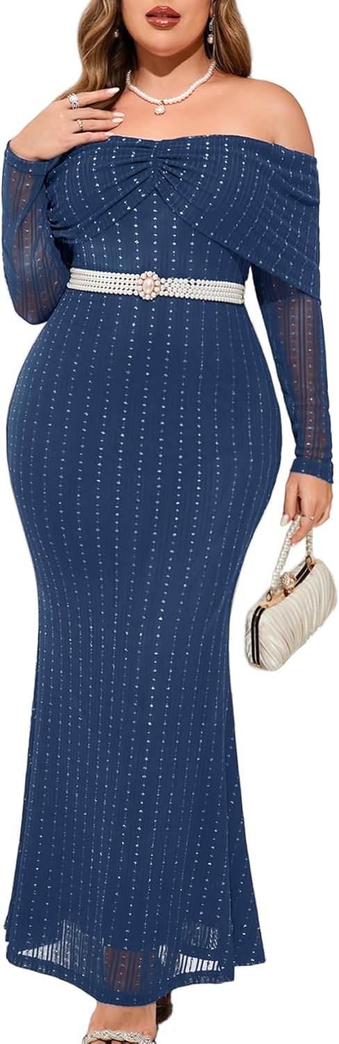 CYCLAMEN Plus Size Off The Shoulder Sparkly Dress Long Sleeve Mermaid Maxi Evening Gown Cocktail Party Wedding Guest