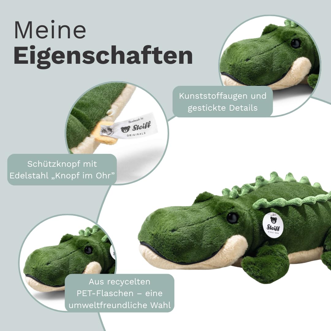 Steiff Kuscheltier Teddies for Tomorrow Rocko Krokodil, Süßes Stofftier mit Kunststoffaugen, Kinder, Jungen & Mädchen, Plüschtier 40 cm, Khaki, 085536