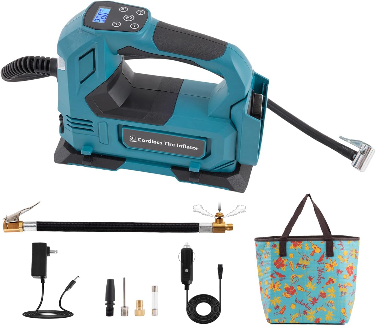 Tire Inflator Portable Air Compressor, 150 PSI with Extension Hose, Exhaust & Quick Air Chuck for Car Motorcycle Bike & Ball(Require Battery Not Include)