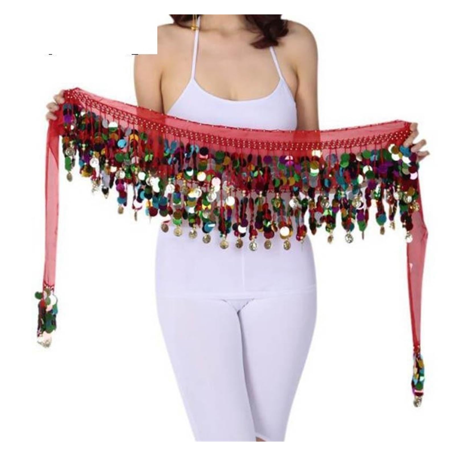 Cinturón de monedas para el vientre, con purpurina colorida, cinturón de triángulo, falda brillante para mujer, accesorio con borla y lentejuelas, disfraz