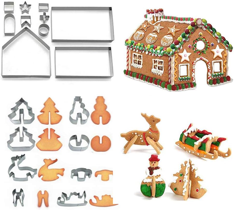 Gingerbread House Cookie Cutter Set, 3D House Cookie Cutter, Stainless Steel Biscuit Cutter Mold Set, Including Christmas Tree, Snowman, Reindeer, Sled Shapes(18pcs)