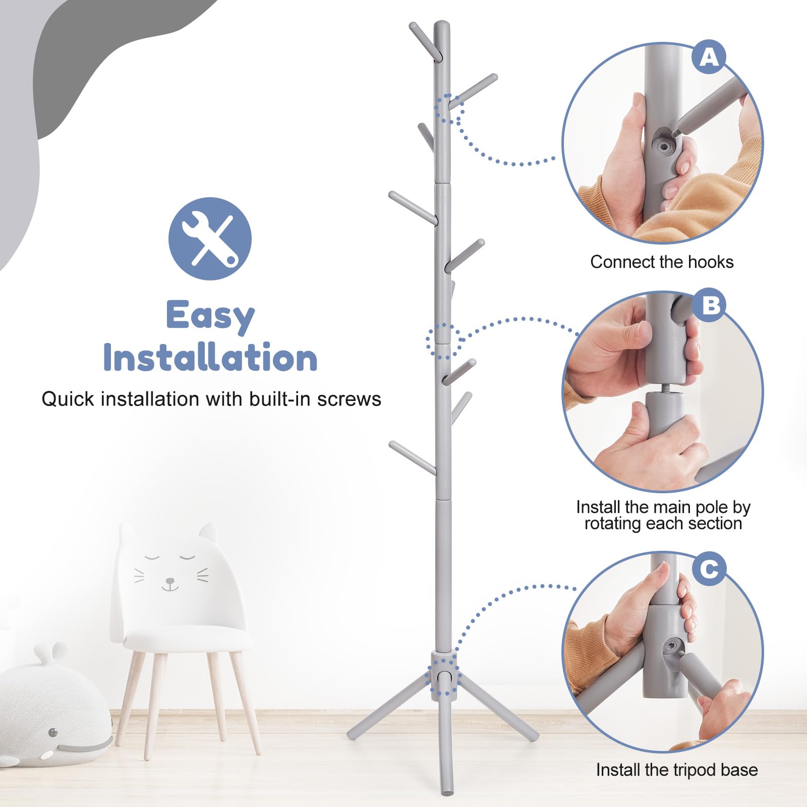 Kid's Coat Rack Stand Beech Wood Clothes Tree, Height Adjustable Freestanding Child Jacket Holder with 9 Hooks, Hanging Hats and Handbags, Hallway, Entryway,Bedroom, Easy Assembly(White)