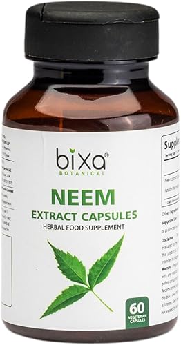 bixa BOTANICAL Extracto de hoja de neem cápsulas vegetales amargas al 3%, 60 unidades (450 mg), hierba ayurvédica para limpiador de piel, suplemento