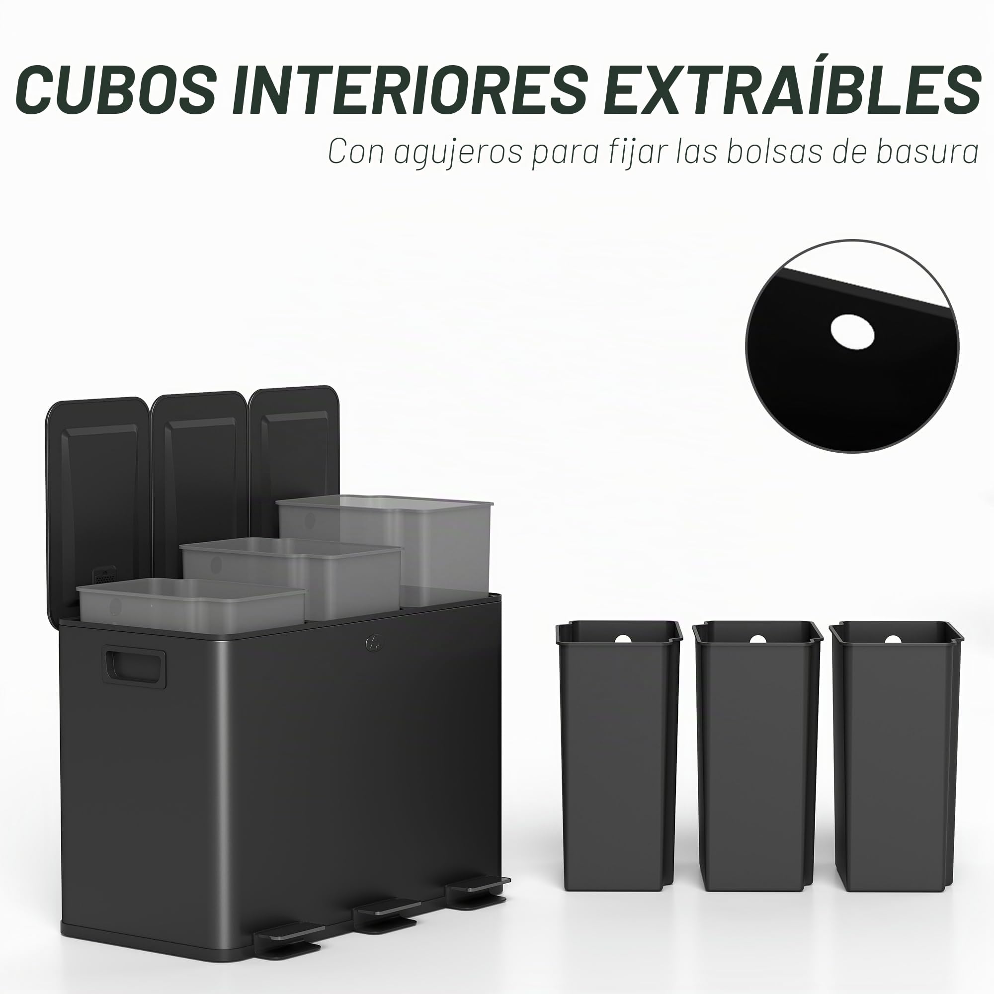 HOMCOM Triple cubo de cocina 3x15L Pedal Acero inoxidable Negro | Tres compartimentos, cubos interiores extraíbles, cierre suave, a prueba de huellas, para reciclaje y residuos