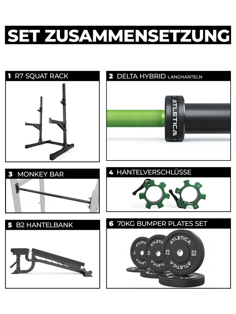 ATLETICA R7 Squat Rack | Kit Storm | Banc incliné, barre d'haltères, plaques pare-chocs, collars, barre de traction, bras de traction, crochets en J avec