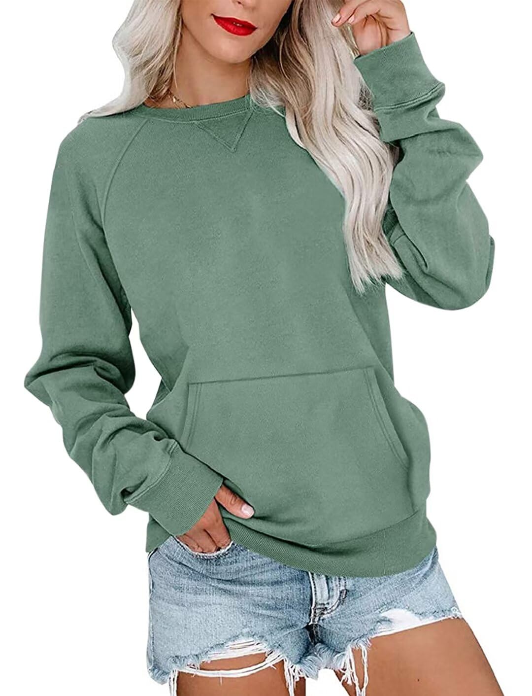 Womens Long Sleeve Sweatshirt Casual Crewneck Cute Pullover Tops Lightweight Sweatshirt with Pocket 2026