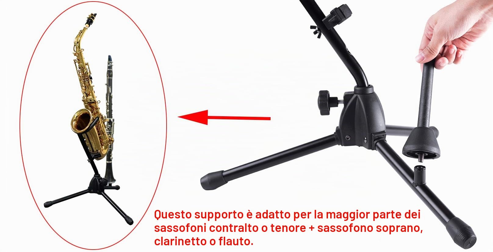 Rayzm Supporto per sassofono alto/tenore con supporto per flauto/clarinetto staccabile, supporto portatile regolabile per sassofono contralto, sassofono tenore, clarinetto e flauto