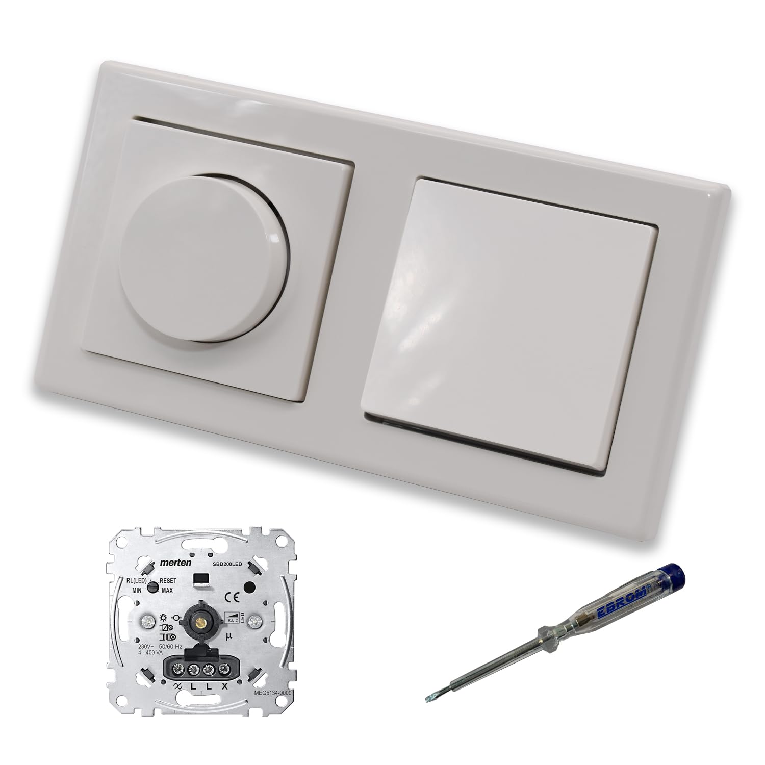 EBROM SET IDEE: Merten MEG5134-0000 LED Drehdimmer Dimmer + Dimmerscheibe MEG5250-0319 und Lichtschalter MEG3116-0000 in polarweiß glänzend System M Smart + EBROM Phasenprüfer zur Montage der Geräte