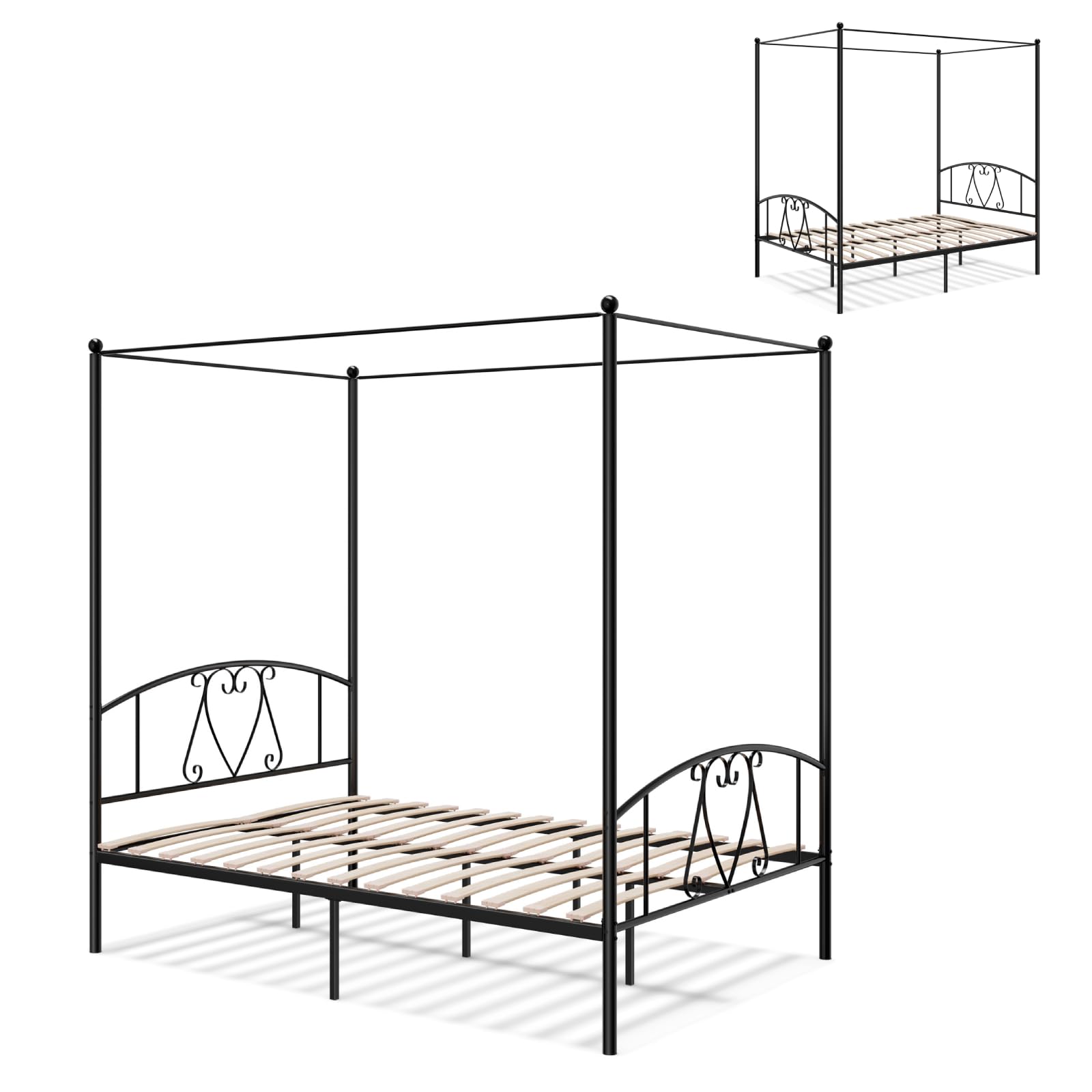 Multigot Canopy Bed Frame, Double Metal Bed Base with Elegant Headboard & Footboard, Modern Slat Support Bedstead for Adults Kids, No Box Spring Needed (Black)