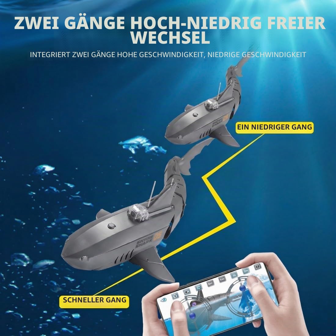 2,4GHz Ferngesteuerter RC-Hai mit APP-Kamera – Wasserdichtes Hai-Boot mit Doppelmotor, 360° Drehung und Wiederaufladbarem Akku, Sommer-Wasserspielzeug für Pool und See (Schwarz)