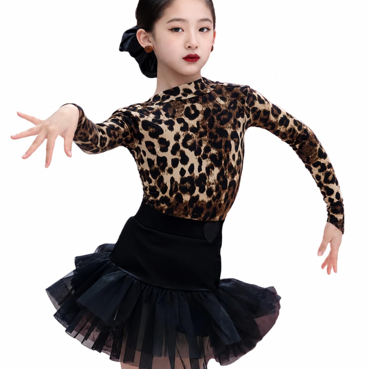 Completo Danza Latina Due Pezzi per Ragazze, Abito Danza Latina Collo Alto | Top Da Danza A Maniche Lunghe Con Stampa Leopardo Gonna Volant Scaldamuscoli Abbinati Per Cha Cha Samba Rumba Tango