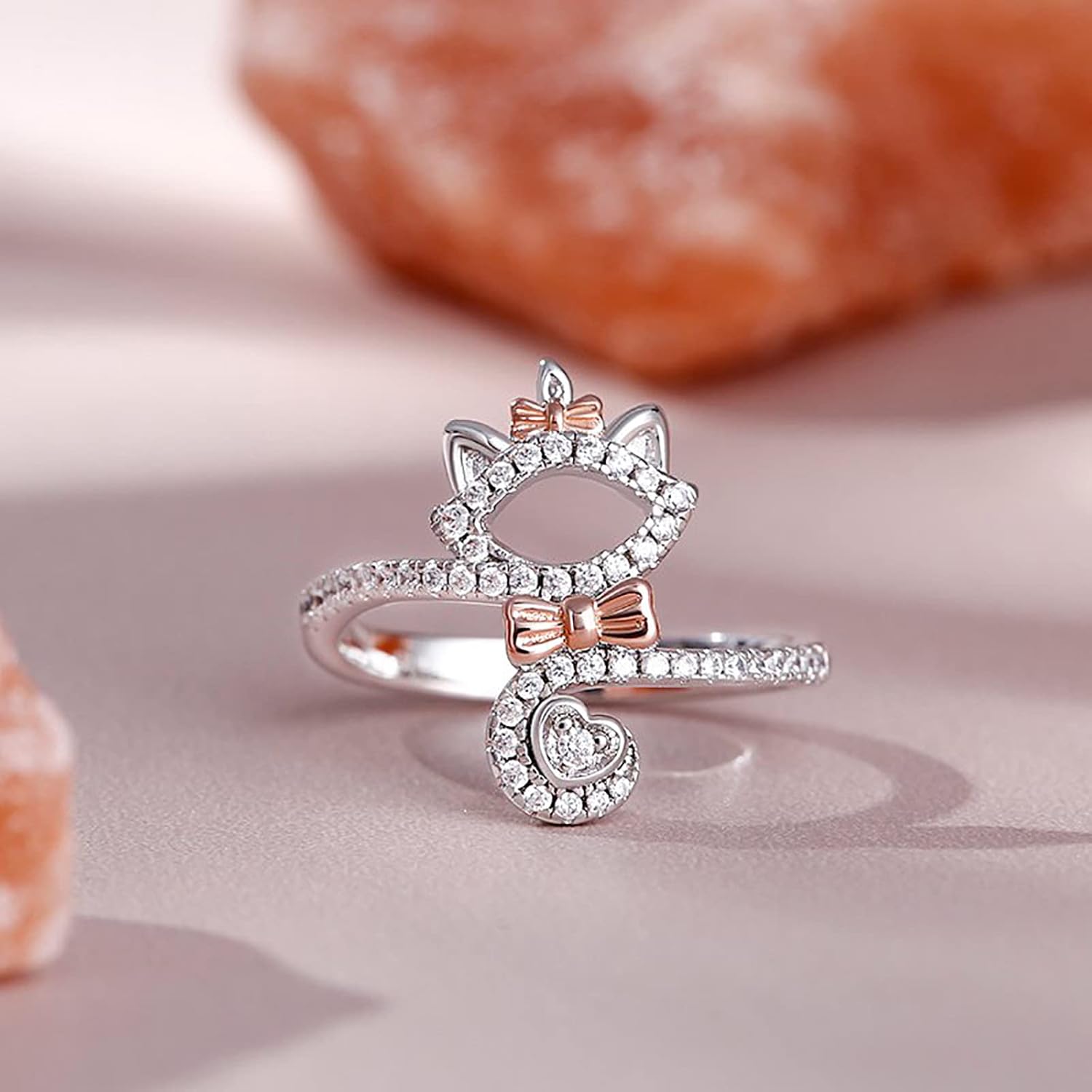 Jeulia Pear Cut Cute Cat Wrap Ring: Sterling Silver Rhinestones Animal Ring Band for Women Lovely Cat Tail Wedding Anniversary Christmas Birthday Jewelry with Gift Box