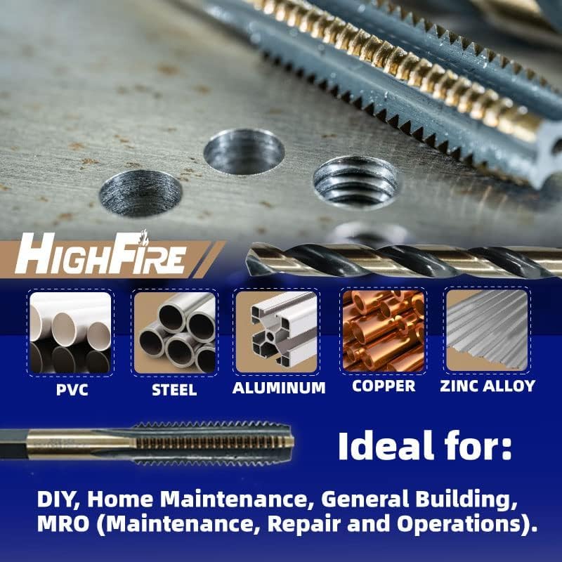 Miniatura 5 de HIGHFIRE Juego de 18 piezas de brocas y machos de roscar métricos con 1 trinquete de mango en T, brocas HSS de longitud Jobber premium en negro y