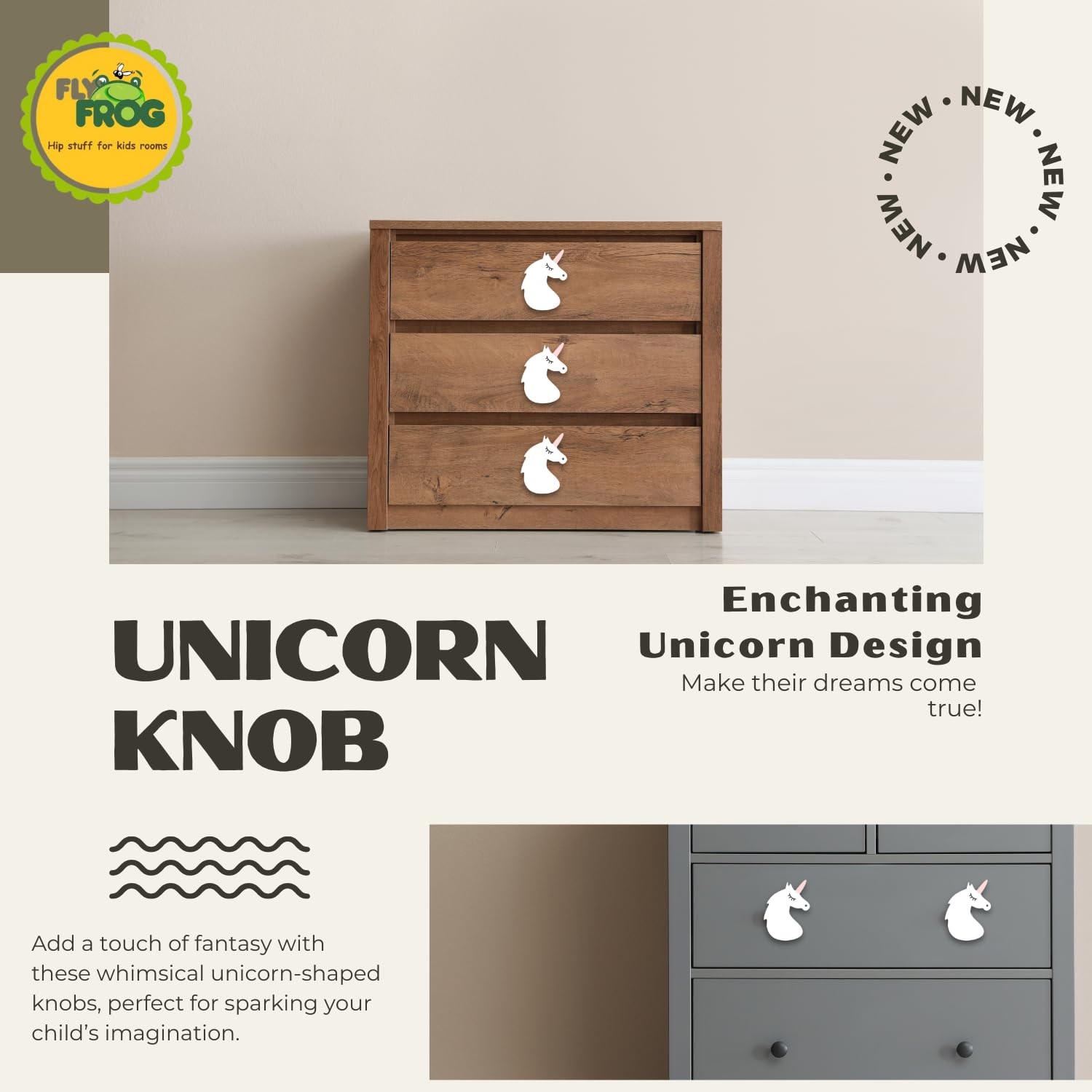 FLY FROG White Unicorn Knobs for Kids – Wooden Cabinet Knob for Drawer, Wardrobe & Almirah Door | Unisex Room & Nursery Furniture Pull Handle | Pack of 2 | Non-Toxic Safe 4