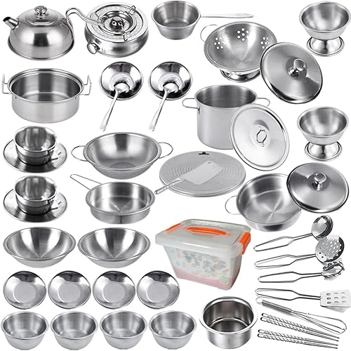 Mini Kitchen Pretend Play Toys,Super Deluxe Stainless Steel Pots & Pans Play Kit, Kids Cooking Utensils with PP Storage Box,Play Accessories