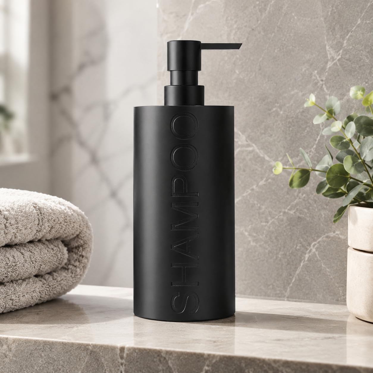 Matte Black Shampoo Dispenser Modern Refillable Pump Bottle with Embossed Text, Durable Resin Construction for Bathroom and Kitchen