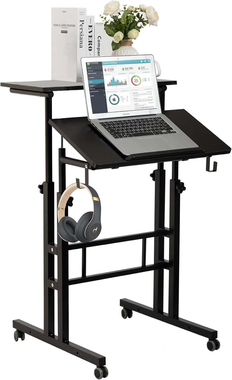 SIDUCAL Mobile Standing Desk, Portable Stand Up, Small Adjustable Converter with Wheels Home Office Workstation, Rolling Desk Laptop Cart for Standing or Sitting, Black Black Standard