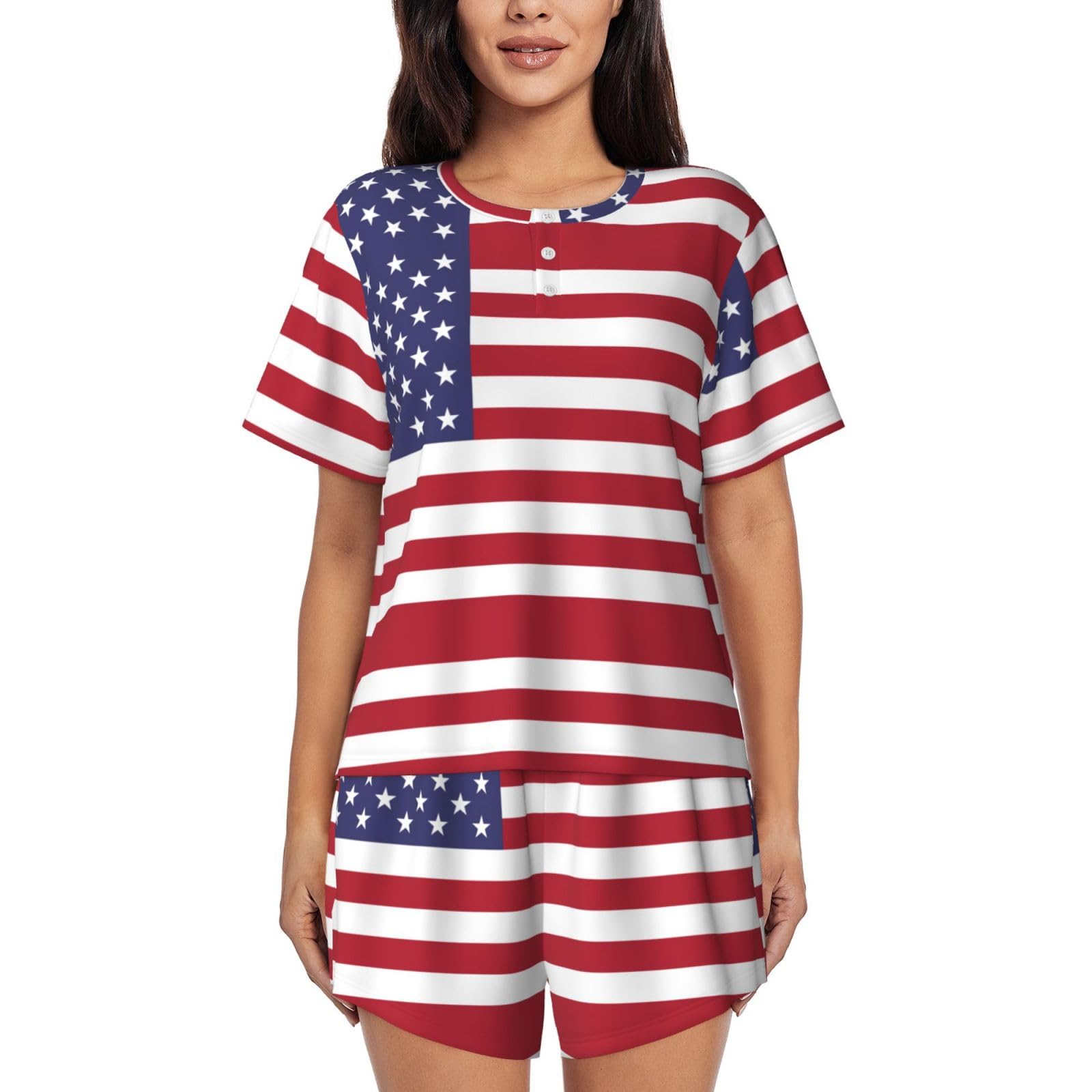 Wurton Women's Black American Flag Pajamas Sets Shorts 2 Piece Short Sleeve Lounge Sets Sleepwear Casual Pjs With Pockets, S