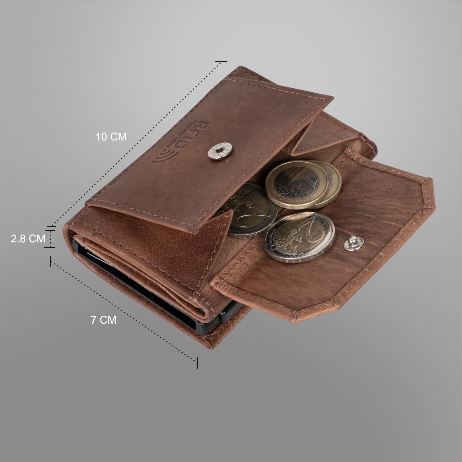 Fa.Volmer Étui pour Cartes Pop-up avec Compartiment à Monnaie en Cuir véritable pour Homme et Femme | 11 Cartes | Protection RFID (Antique Brown, Grand Compartiment à Monnaie)