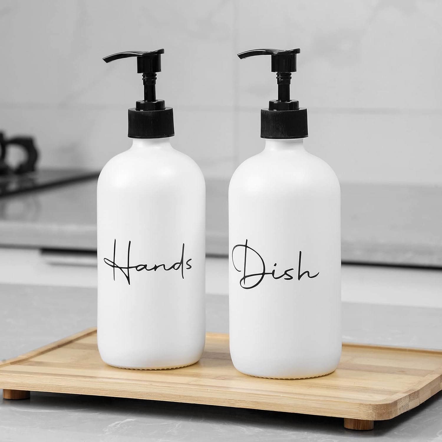 17 oz Hand Soap Dispenser Glass Liquid Dish Soap Bottles, Refillable Empty Lotion Pump Bottles for Bathroom Decor, Kitchen Sink, Matte Design, White, Pack of 2 - Image 2