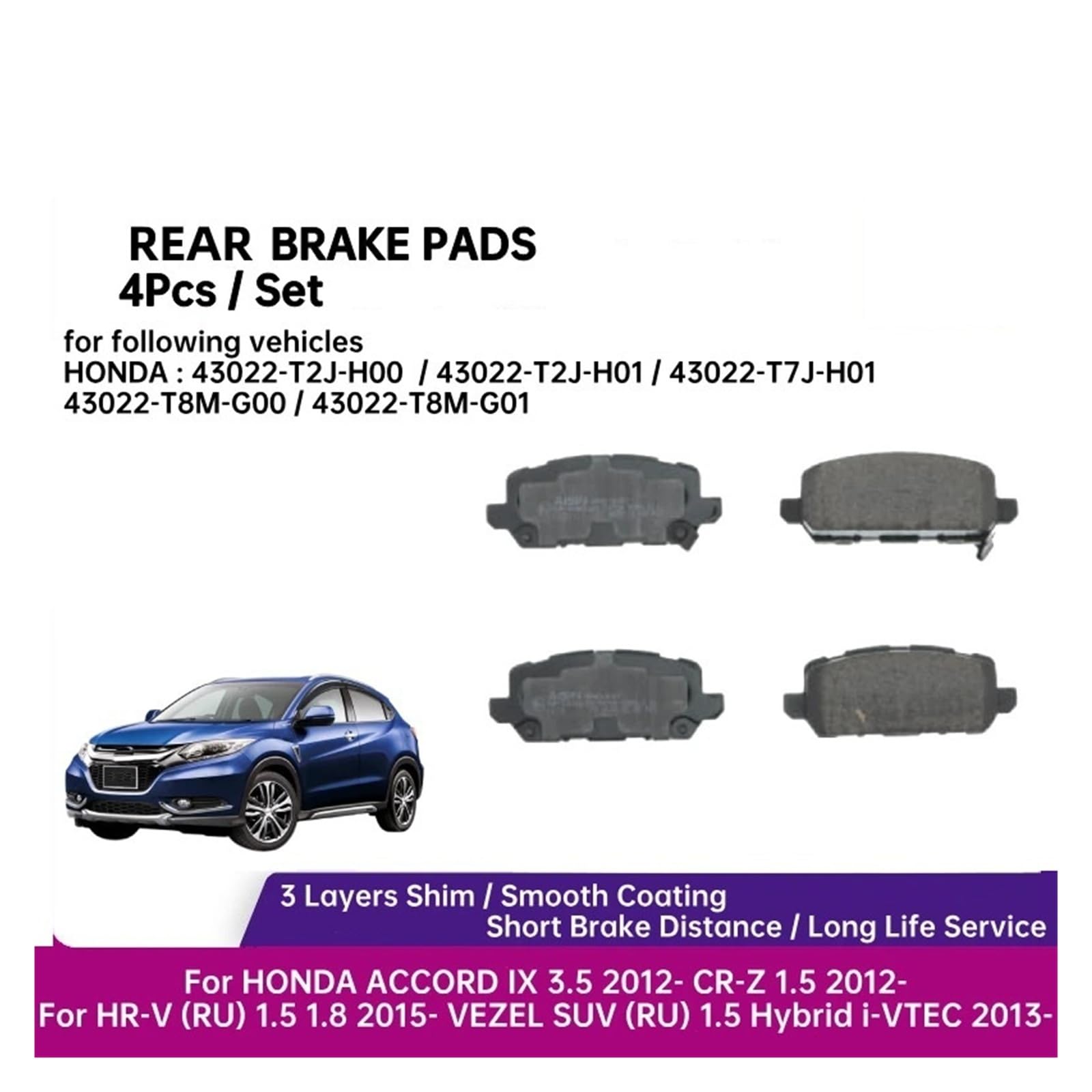 Pasuje do H0nda Accord IX Vezel 2013-2021 Dla H0nda H-RV 2016-2021 CR-Z 2016 TO1282-R 43022-T2J-H00 tylne ceramiczne klocki hamulcowe(Bendix Rear)