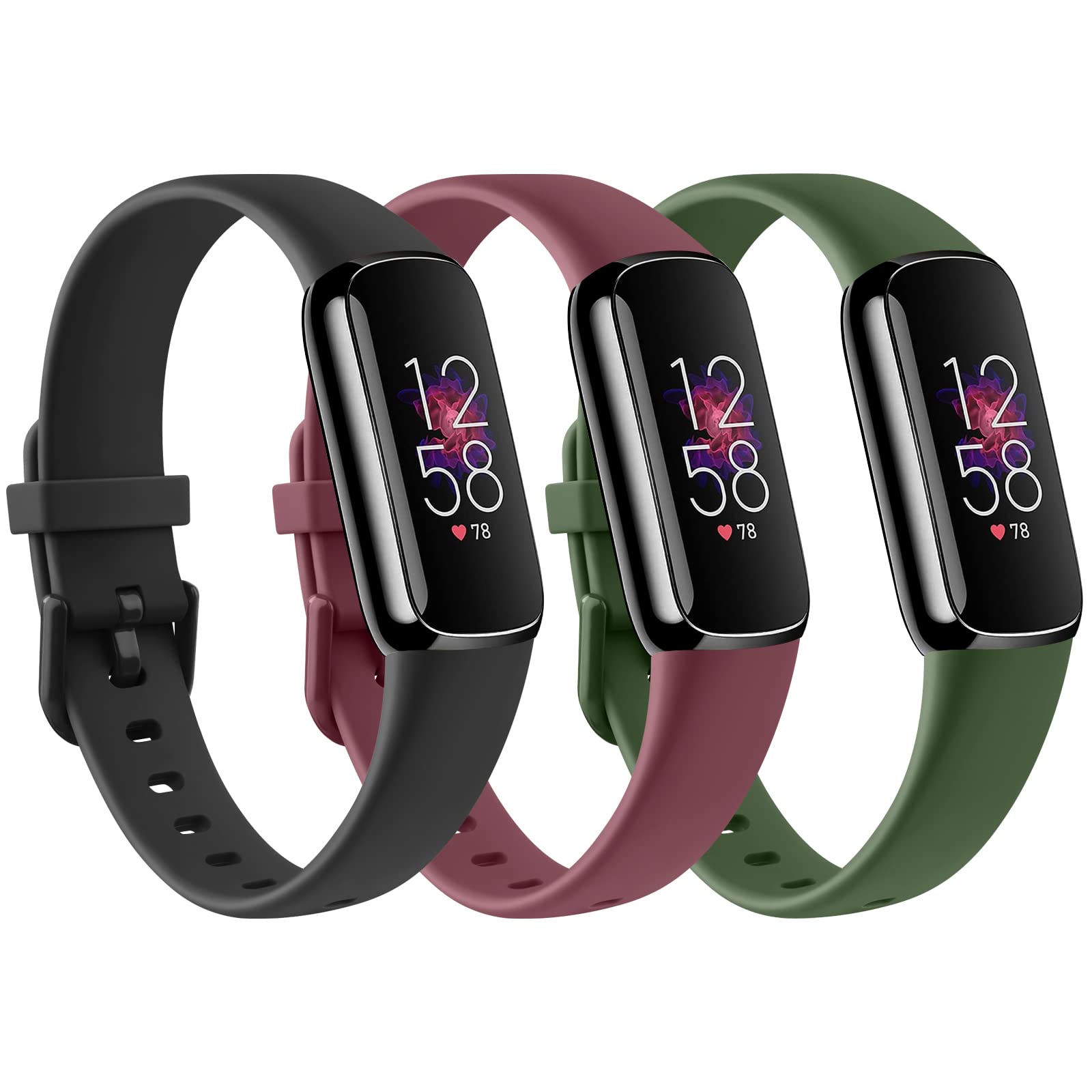 Funeng 3 Pack Bands Compatible with Fitbit Luxe Bands for Women Men, Soft Silicone Sport Replacement Wristbands Strap (Small, Black+Wine Red+Dark Green)