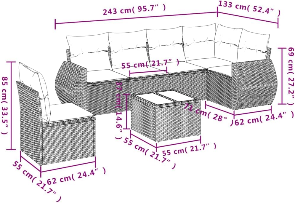 7 Piece Patio Sofa Set with Cushions Black Poly Rattan Garden Seating Ensemble Outdoor Seating Set for Backyard Backyard