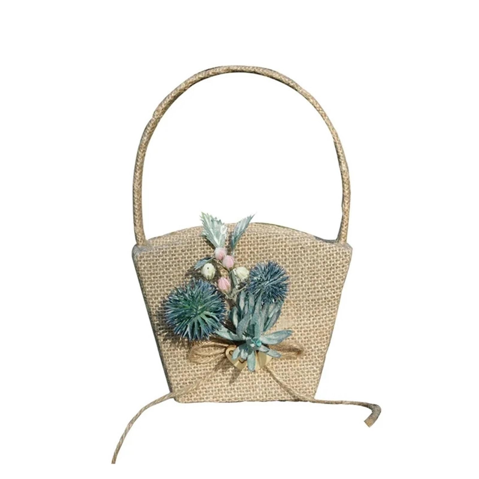 Hamper Basket Wedding Flower Girl Baskets Rustic Burlap Flower Basket With Faux Flowers Decor(Color 3)