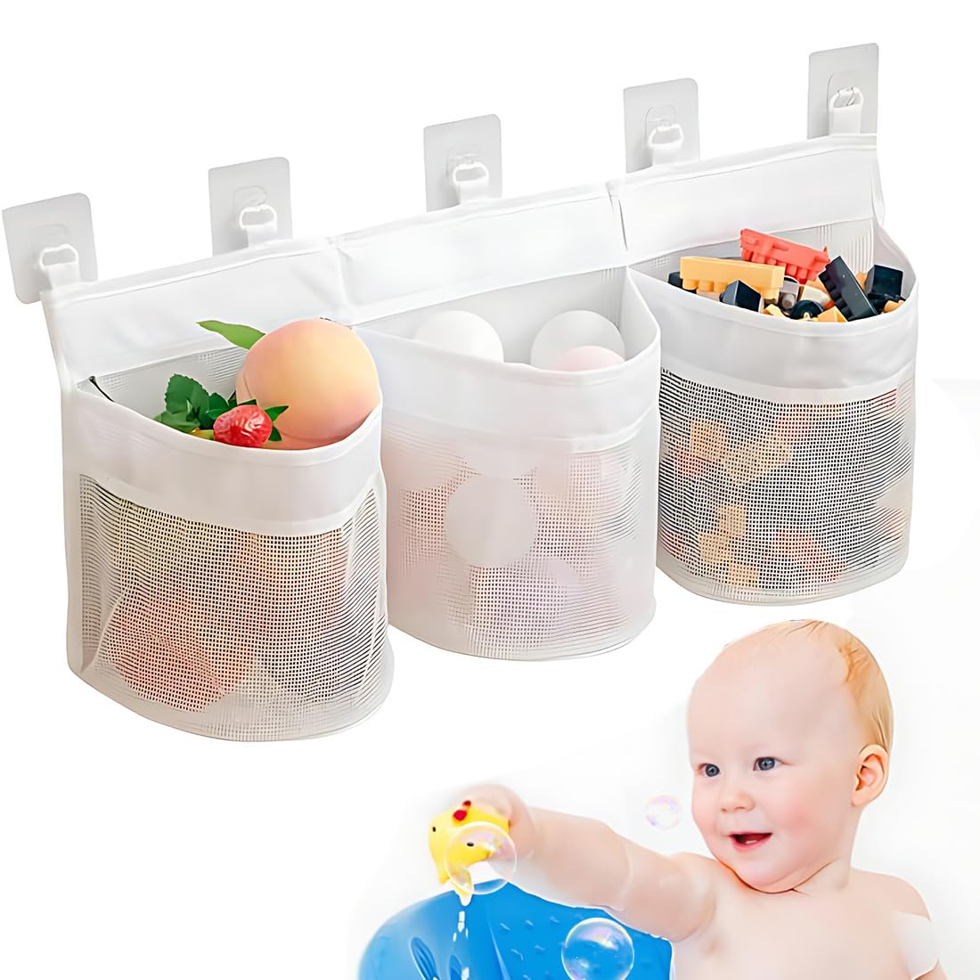 HOTUT Portaoggetti per Giocattoli da Bagno, Rete per Giochi da Bagno per Bambini, Rete Giocattoli Doccia, Borsa a Rete per Giocattoli da Vasca, con 4 Potenti Ganci a Ventosa, Biano