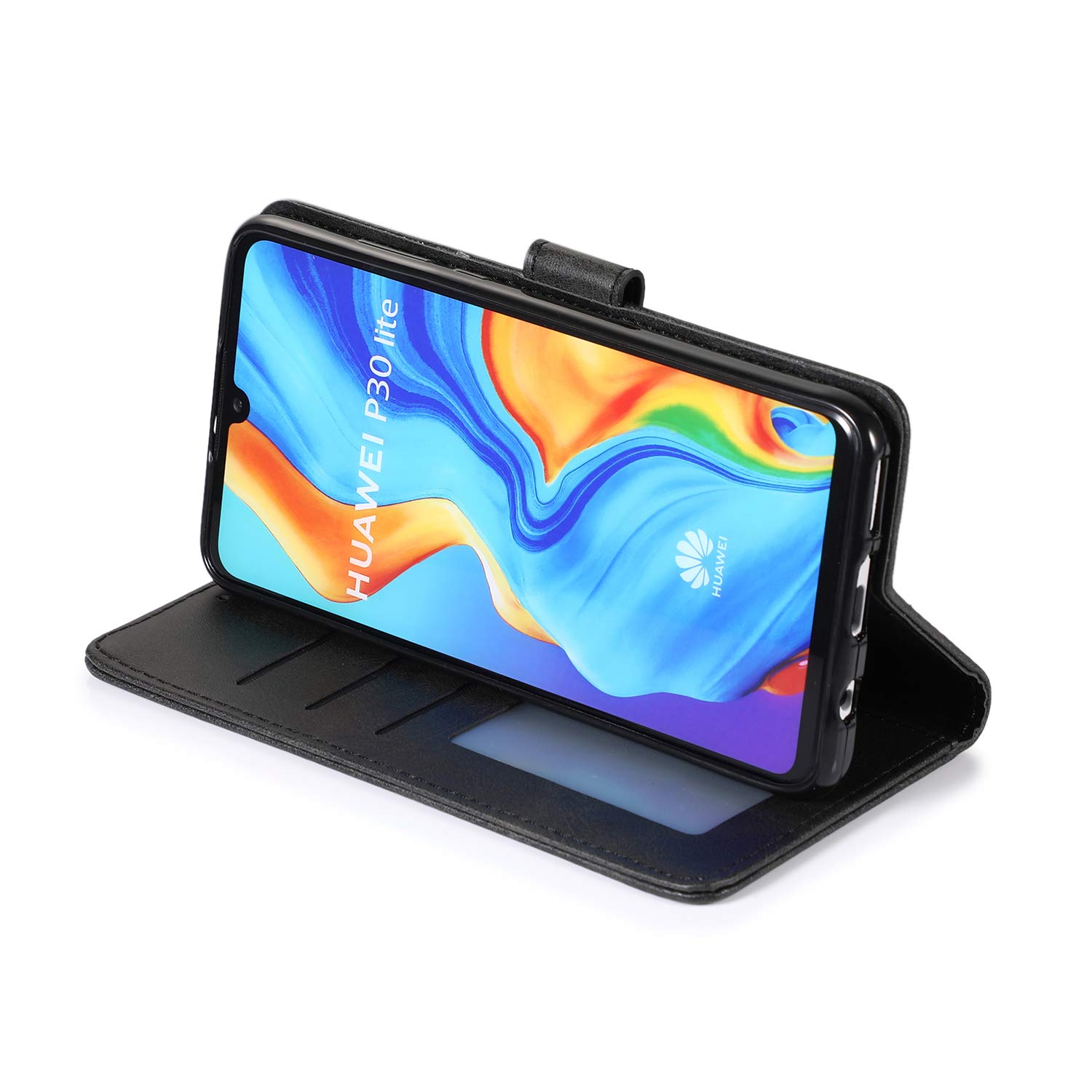 BEENTRYS Cover Portafoglio A Libro Per Huawei P30 – Pelle PU Con 4 Slot Carte E Tasca Zip – Supporto Magnetico – Nero