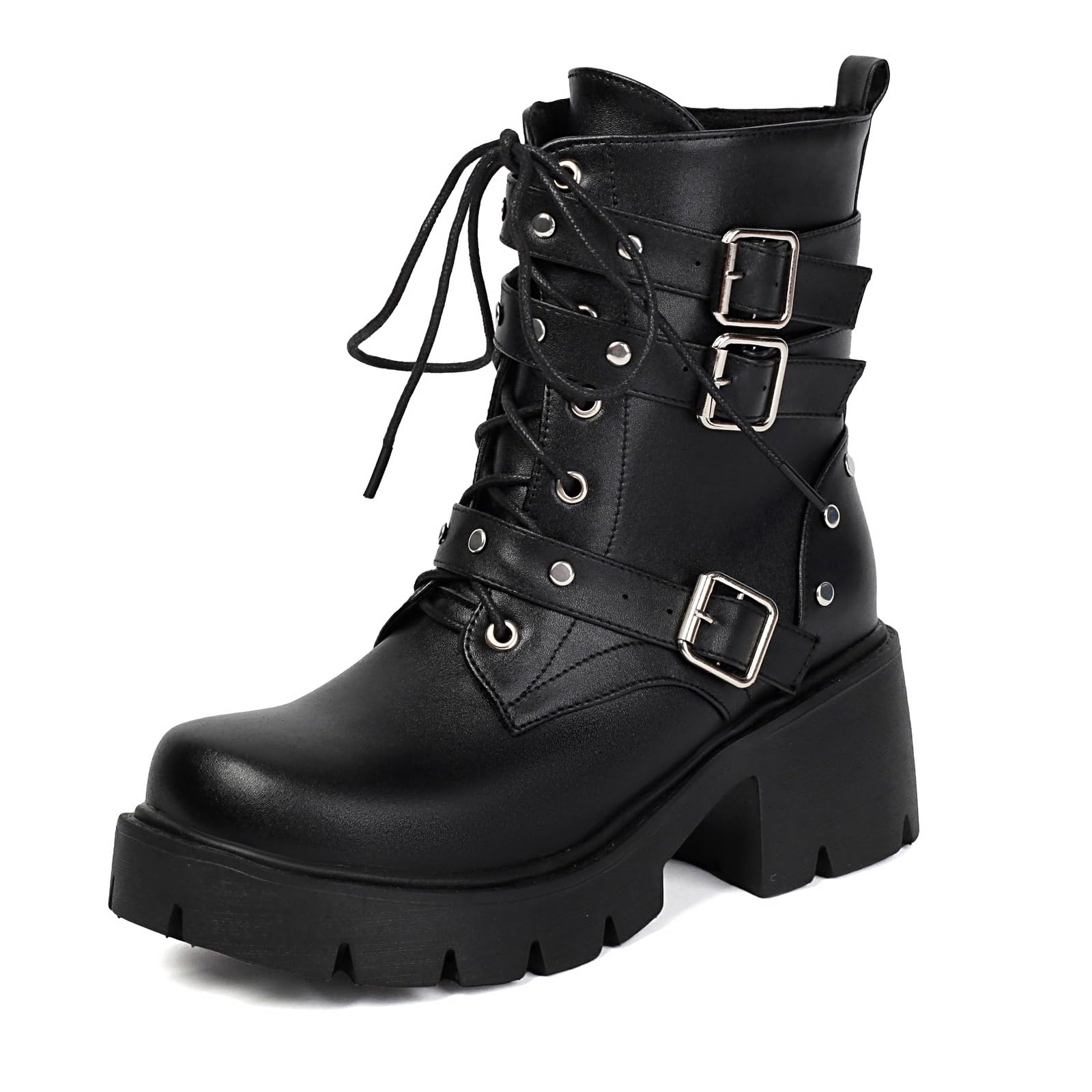 Womens Chelsea Combat Boots Fashion Lug Platform Chunky Heel Lace Up Goth Boots Buckle Strap Punk Short Booties