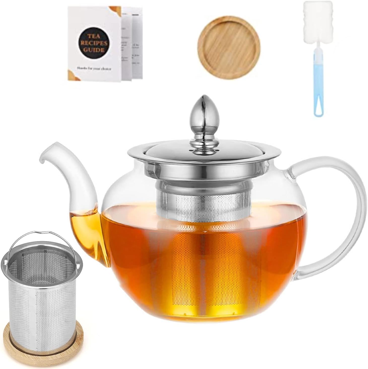 PluieSoleil Round Glass Tea Pot Borosilicate Glass Teapot with Tea