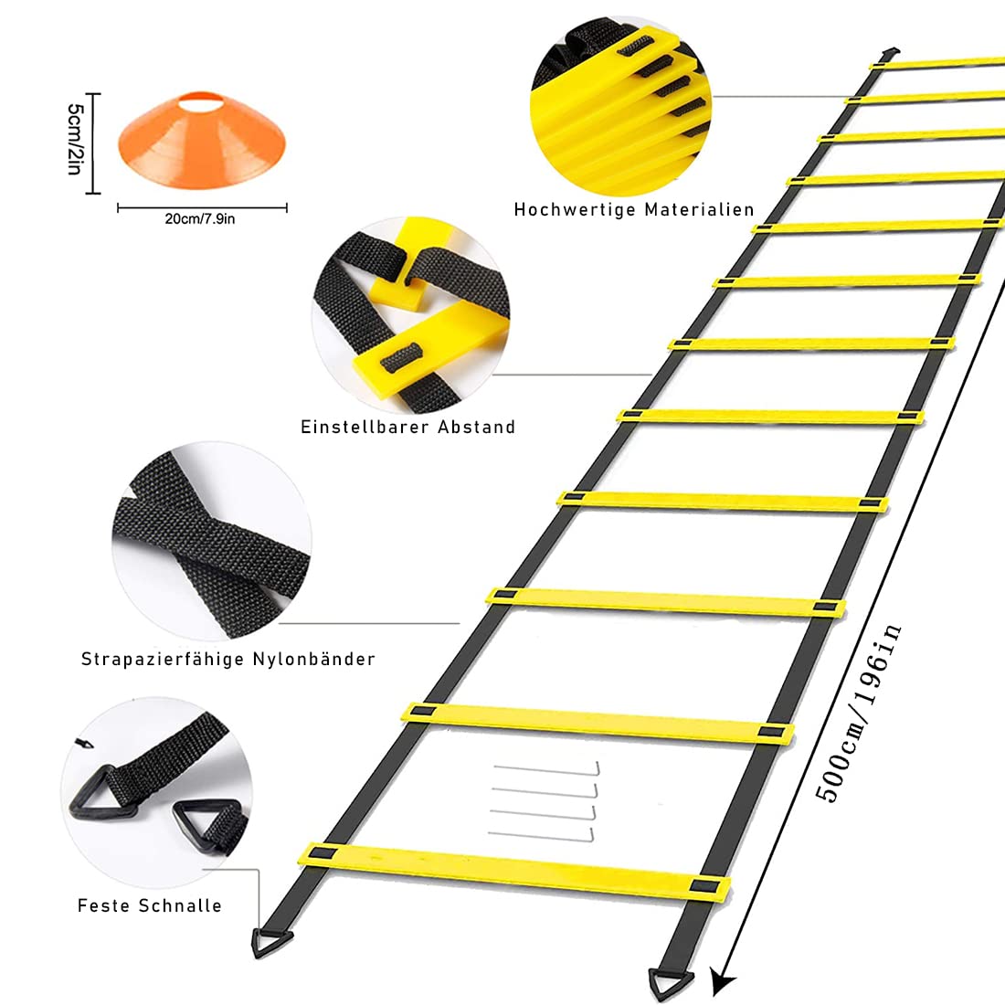 Fussball Trainingszubehör, Fussball Trainingsset Koordinationsleiter Trainingsleiter, 20 Hütchen, Einstellbare Hürden, Widerstandsschirm, Springseil, Bänder, Fussball Geschenk Jungen