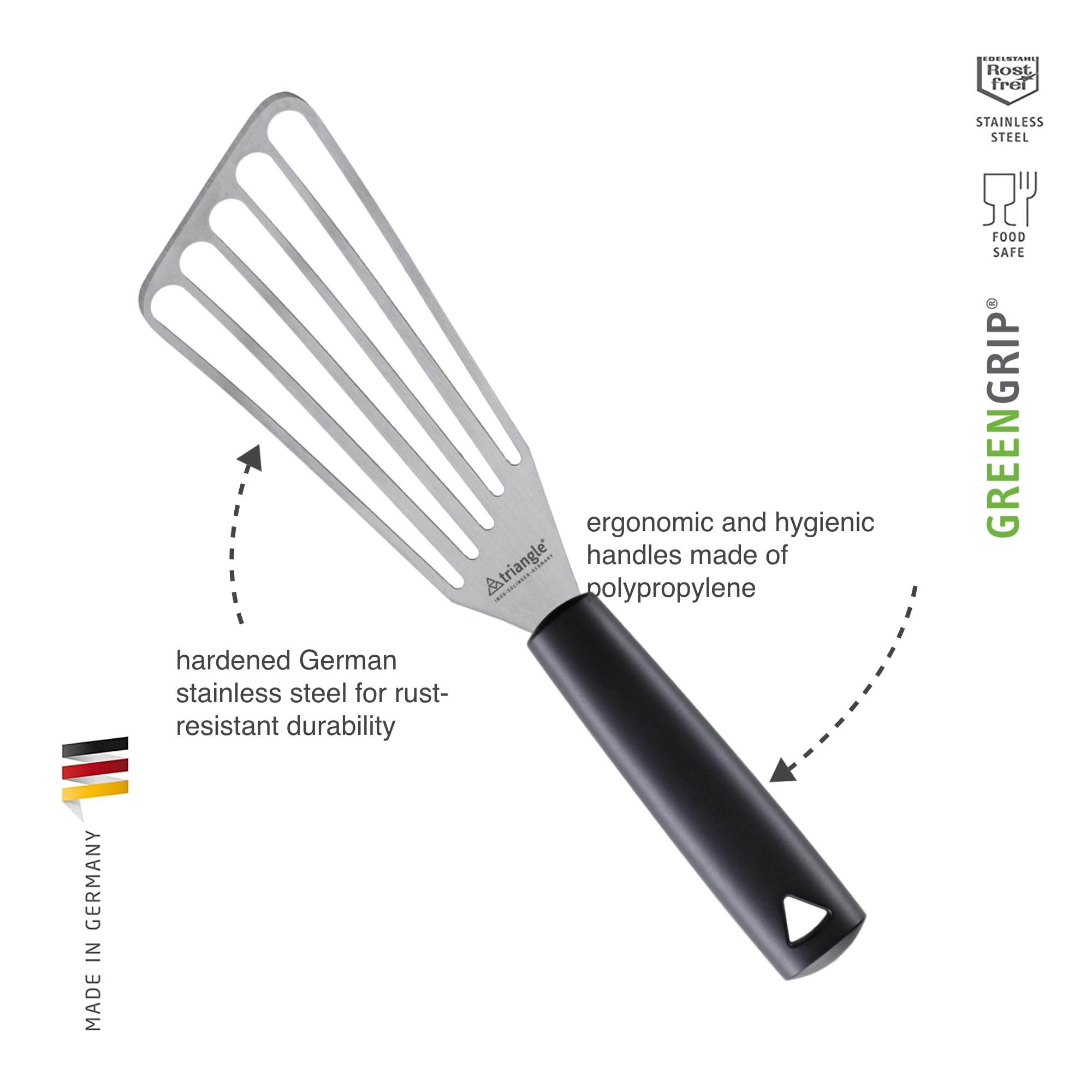 triangle Turner - Flexible Stainless Steel Spatula - Ultra-Thin Edge for Flipping Fish & Delicate Foods - GreenGrip Handle - Dishwasher Safe