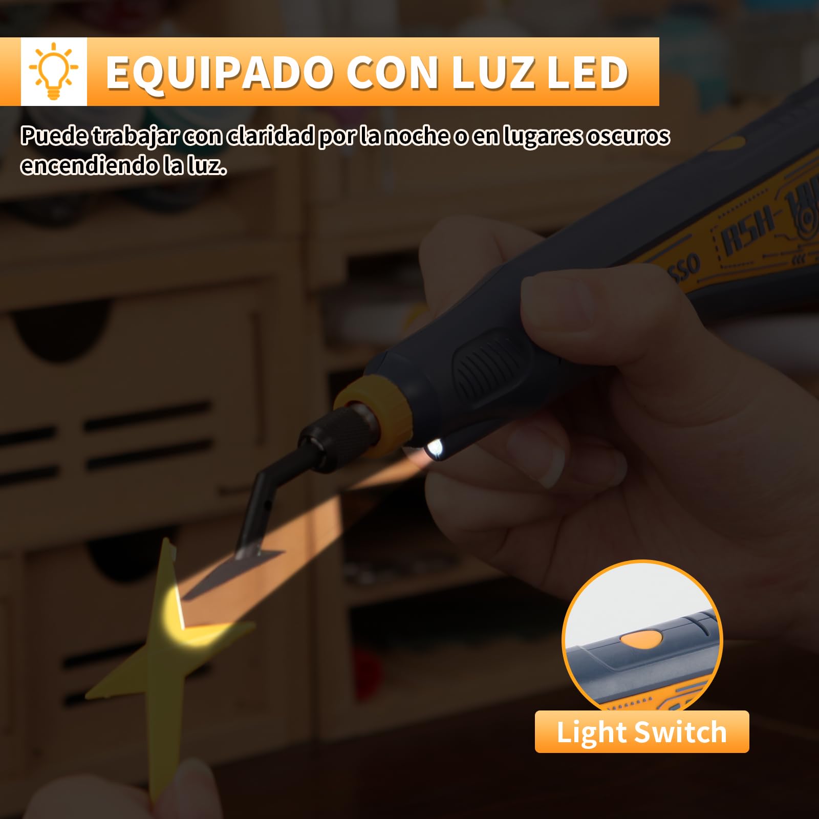 Lijadora recíproca, velocidad variable y carga USB con luz LED, lijadora de lápiz con 6 cabezales de lijado, ideal para lijar, pulir, acabar y manualidades DIY (Azul)