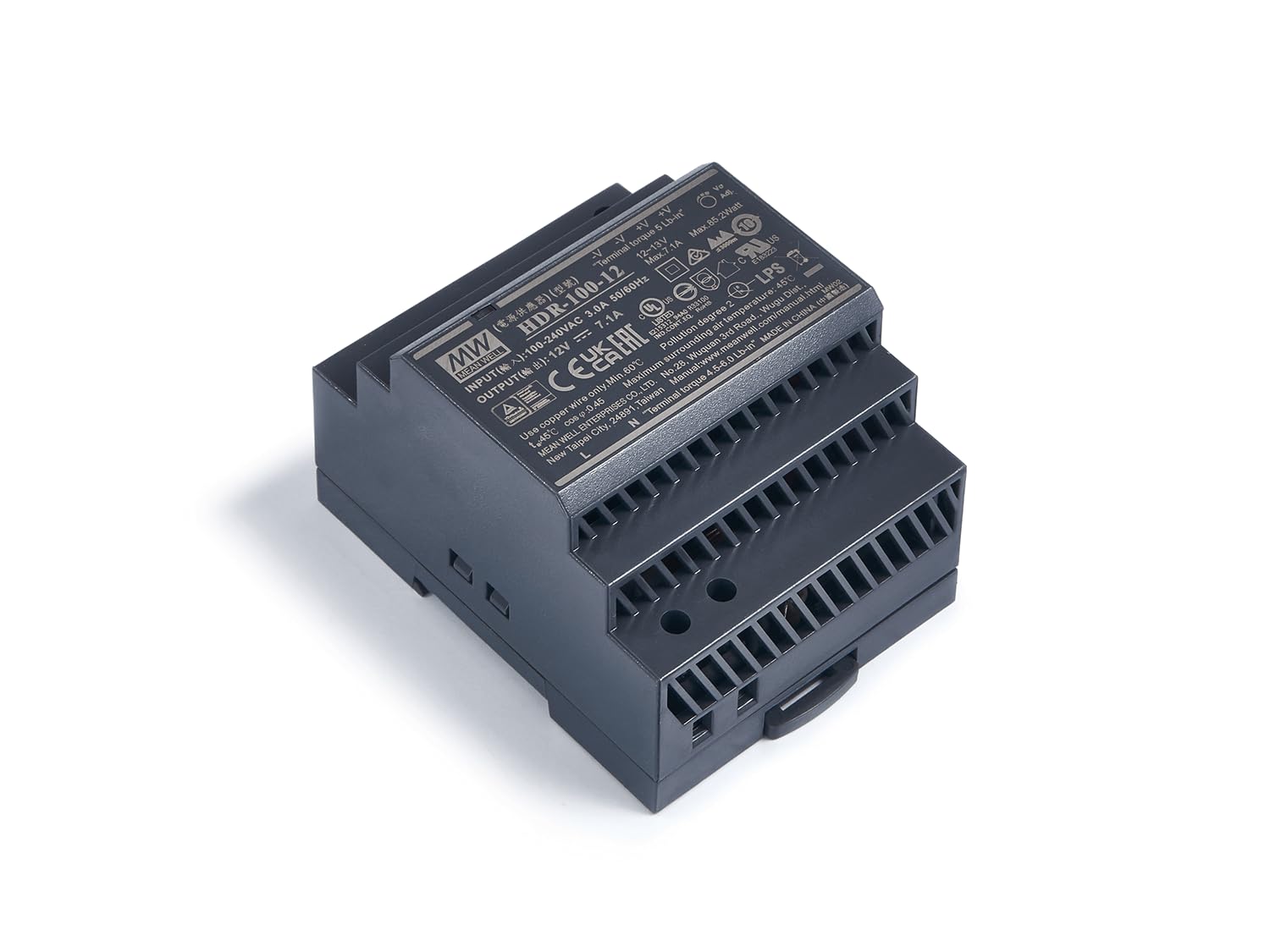 Industrieschienen Trafo DIN Mean Well - Hutschienen Netzteil mit 12V, 100Watt, 7.1A - Schutzart IP20 - Hutschienen Netzteil DIN-Rail - Überspannungsschutz - Passivkühlung - 58x70x92mm