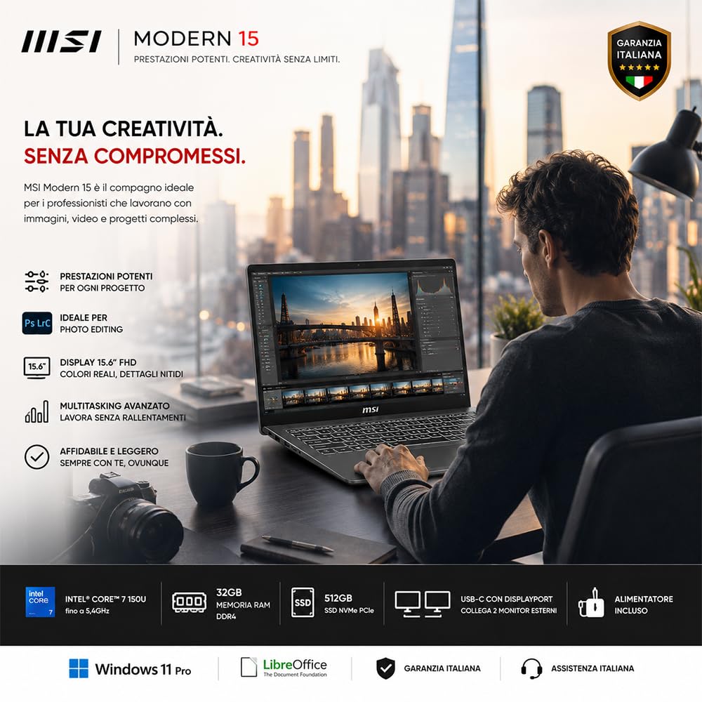 msi Notebook Modern 15 Intel Core 7 150u | 10 Core fino a 5400MHz, RAM 32GB, SSD 512GB, Display 15.6" IPS FHD, Tastiera retroilluminata, Ready to Use