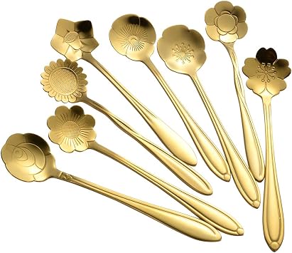 AnSaw 8 Piece Flower Scoop Set, 4.9" Gold Mini Coffee Spoons | Stainless Steel Reusable Tea Scoops Cake Spoon Set for Tea Parties