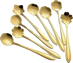 AnSaw 8 Pcs Flower Spoon Set, Stainless Steel Reusable Tea Scoops Stirring Spoon Coffee Spoon Mixing Spoon Sugar Dessert Cake Spoon Ice Cream Spoons Tableware for Tea Parties (length:4.9 inch, Gold)