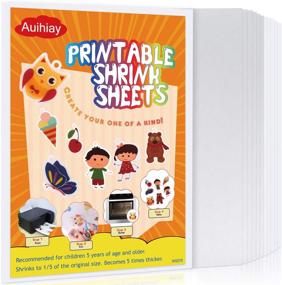 Auihiay 12 Pieces Printable Shrinky Plastic Sheets, Shrink Films Papers for Kids, Mothers Day Gifts and Father's Day Ornament, 6 White and 6 Semitransparent, 8.3 x 11.6 inch / 21 x 29.5 cm