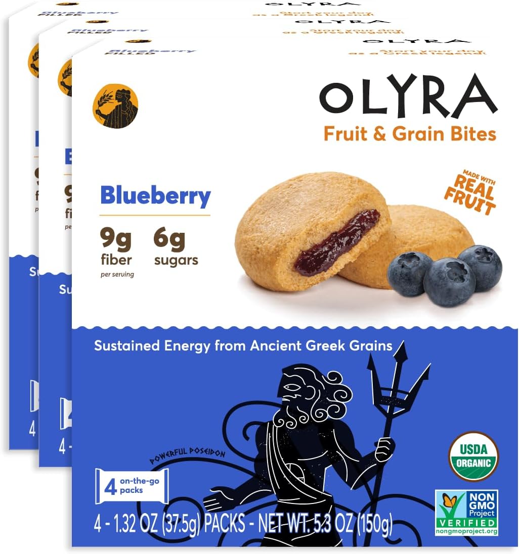 OlyraBlueberry Organic Fruit Bars, Prebiotic High Fiber Snack, Gut Health, Fruit Filled & Whole Grain Bites, Kids Healthy Snacks, Low Sugar, Vegan, USDA Certified Organic, Non GMO 4 Count (Pack of 3)
