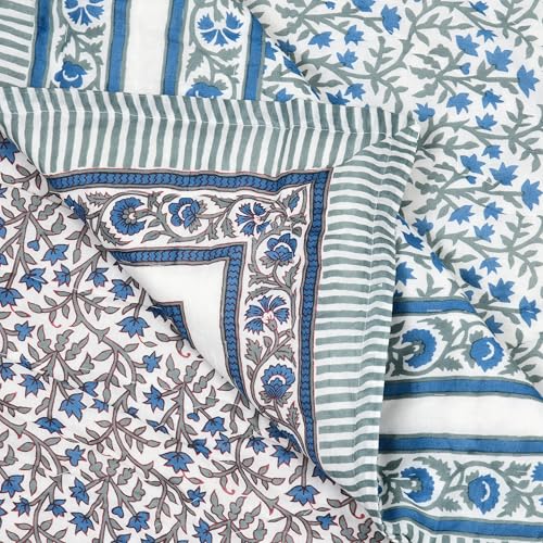 Image of BLOCKS OF INDIA Cotton Single Size Quilt Hand Block Print for Light Winters (60x90 Inches) (Blue Grey JAAL)-300 TC