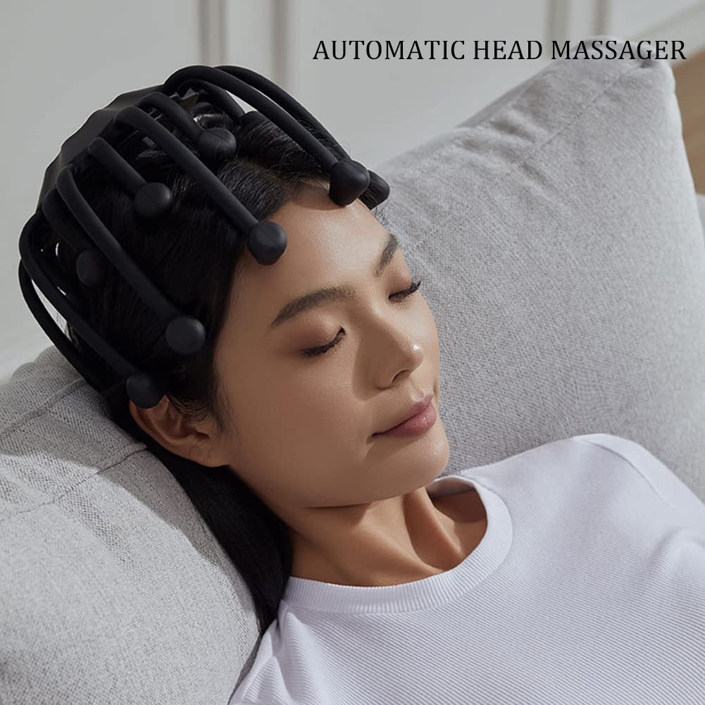 Octopus Masażer głowy, automatyczny masażer skóry głowy z 15 kontaktami wibracyjnymi, 5 trybami, muzyka Bluetooth, bezprzewodowy masażer głowy, narzędzie do łagodzenia bólu głowy, stres (czarny)
