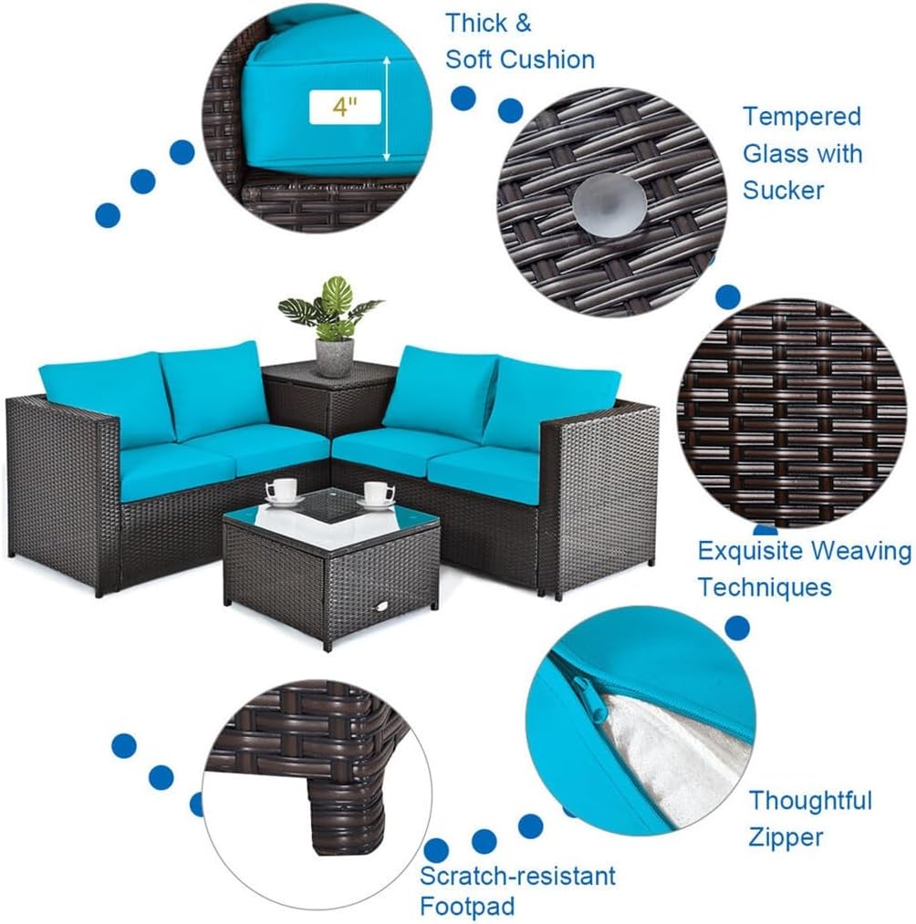 5PCS Patio Rattan Furniture Set Fire Pit Table W/Cover Storage Cushion Turquoise