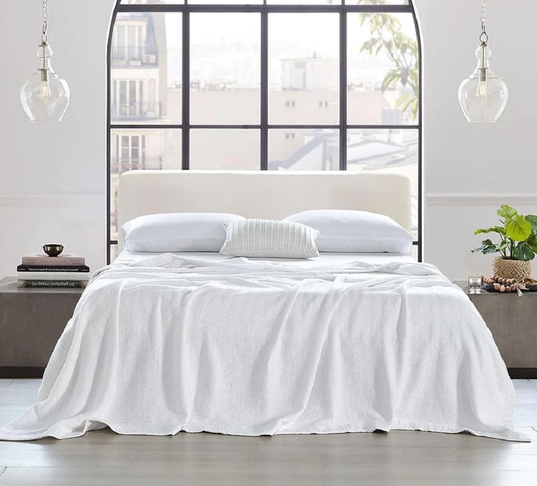 Royal Hotel Bedding 2-Ply Sheet Cool Cotton Blanket, Soft Breathable Blanket 2-Ply Sheet Blankets Made from 100% Cotton, Cuddle Blankets for Bed Décor or Couch, White, King/Cal-King 106x92 Inches